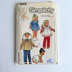 +Vtg 80s Simplicity 7062 Toddler Top Pinafore Dress Pants Panties Sewing Pattern
